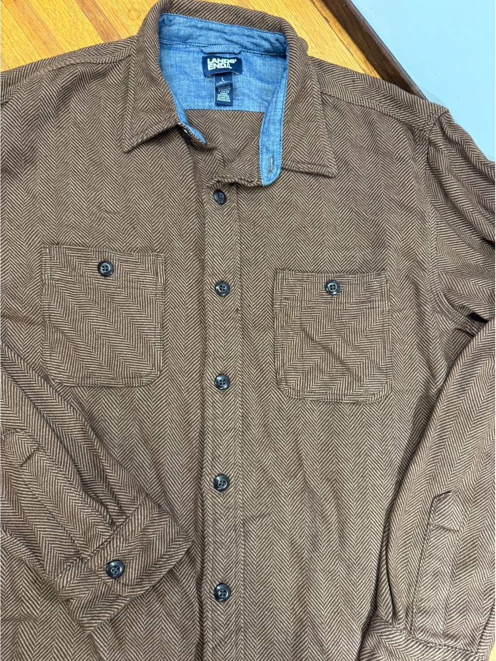 Lands End Brown Chevron Heavy Flannel Button Up Shirt Mens L Chambray Collar